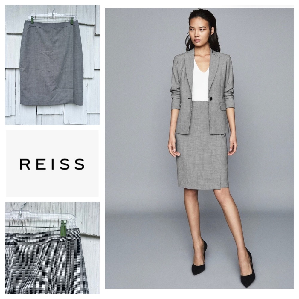 Reiss Romy Houndstooth Pencil Skirt‎ Black White Geometric US 8 UK 12 Workwear